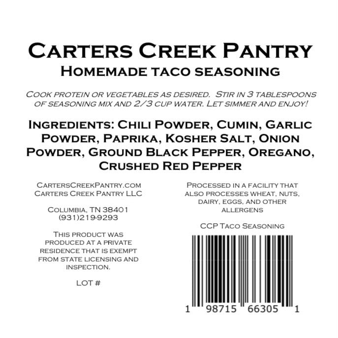 Carters Creek Pantry Taco Seasoning (seasons 8lbs)